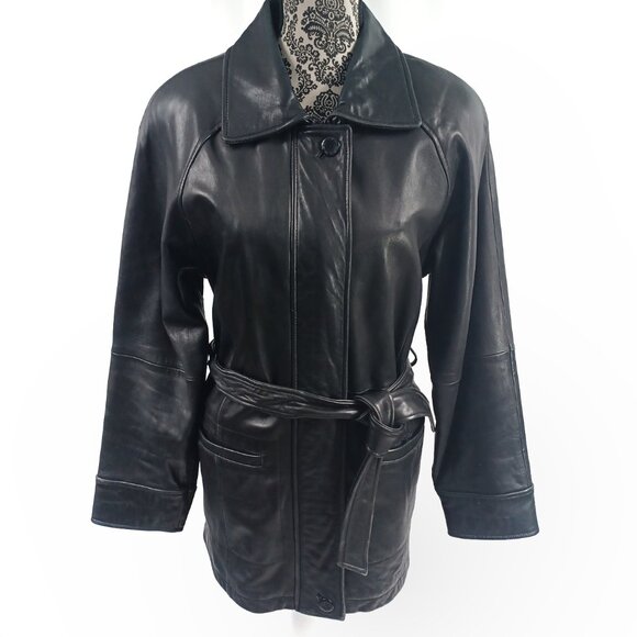 VALERIE STEVENS Jacket Zip Front Lambskin Leather Belted Coat S - Picture 2 of 4